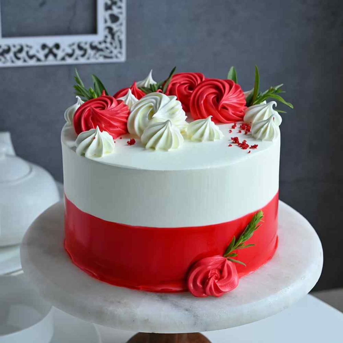 Red and White cream Floral Cake