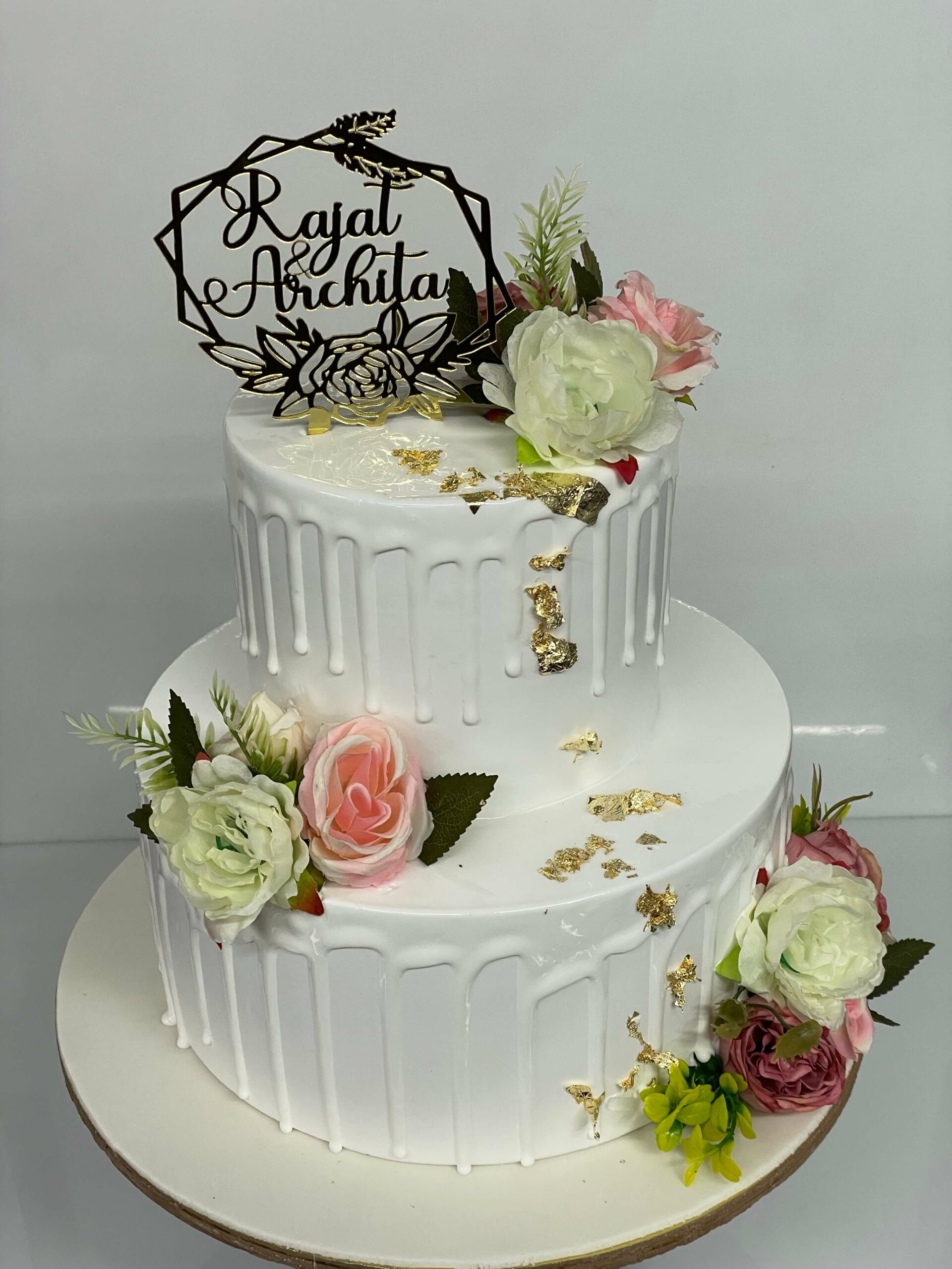 Classic White Drip Engagement Floral Tier Cake