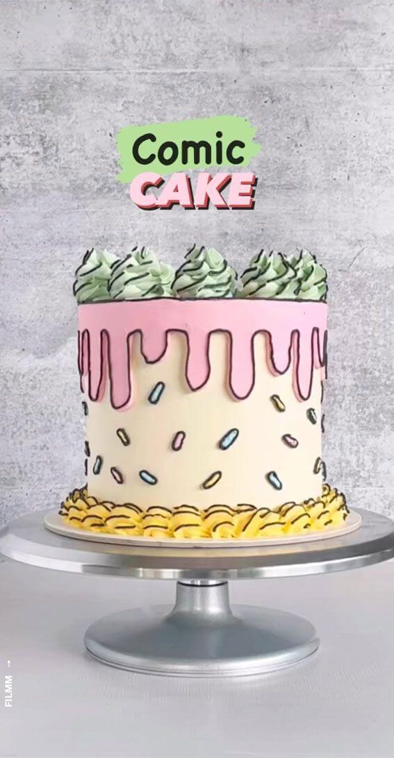 Pale Pink and Yellow Comic Birthday Cake