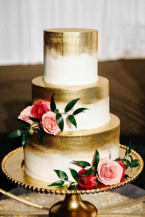 Elegant White & Gold Cream Three Tier Cake