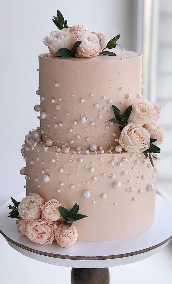 50 Timeless Pearl Wedding Cakes _ Blush Cake & Pearls (1)