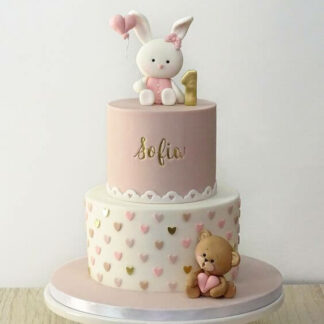 Bunny and teddy dusky pink and gold baby girl cake