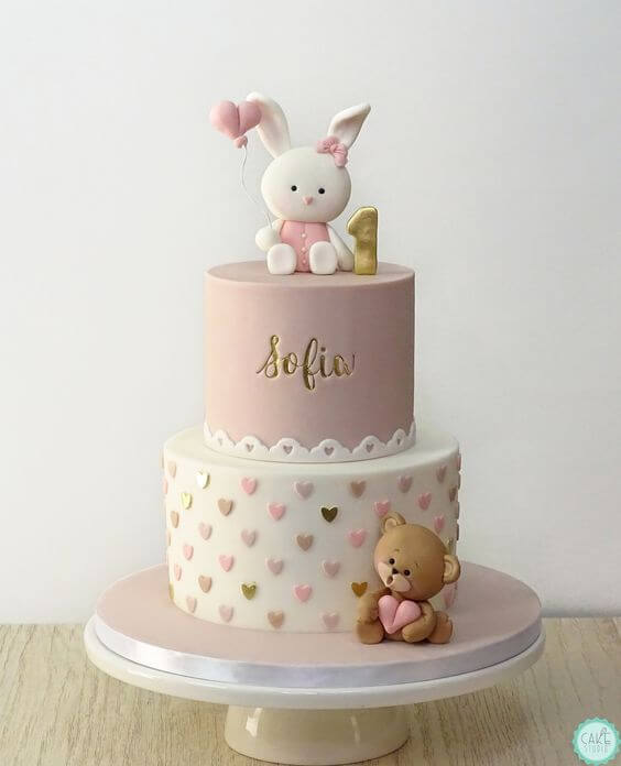 Bunny and teddy dusky pink and gold baby girl cake