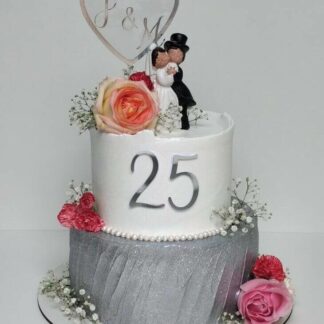 Silver and White Two Tier 25th Anniversary Cake