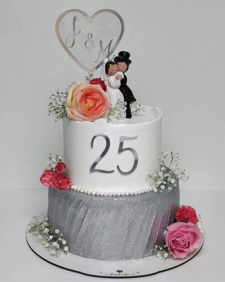 Silver and White Two Tier 25th Anniversary Cake