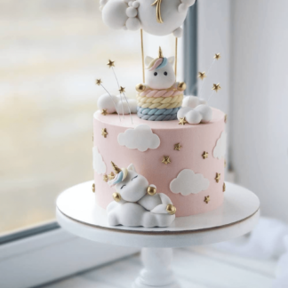Baby Unicorn with Rainbow & Clouds Fondant Birthday Cake