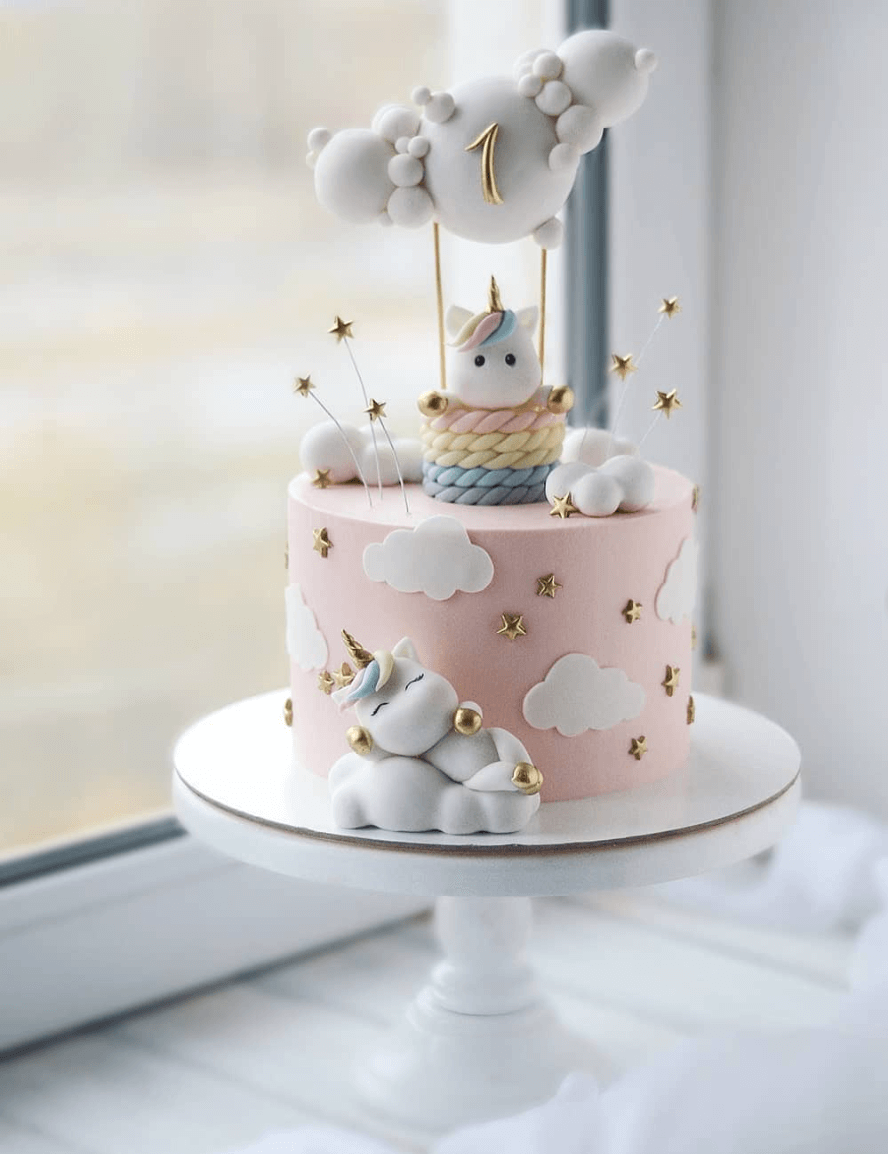 Baby Unicorn with Rainbow & Clouds Fondant Birthday Cake