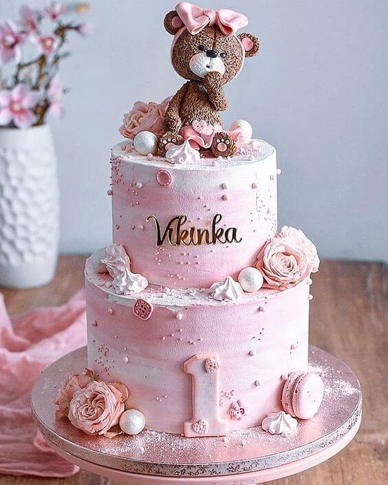 Pink Teddy Bear Tier Birthday Cake