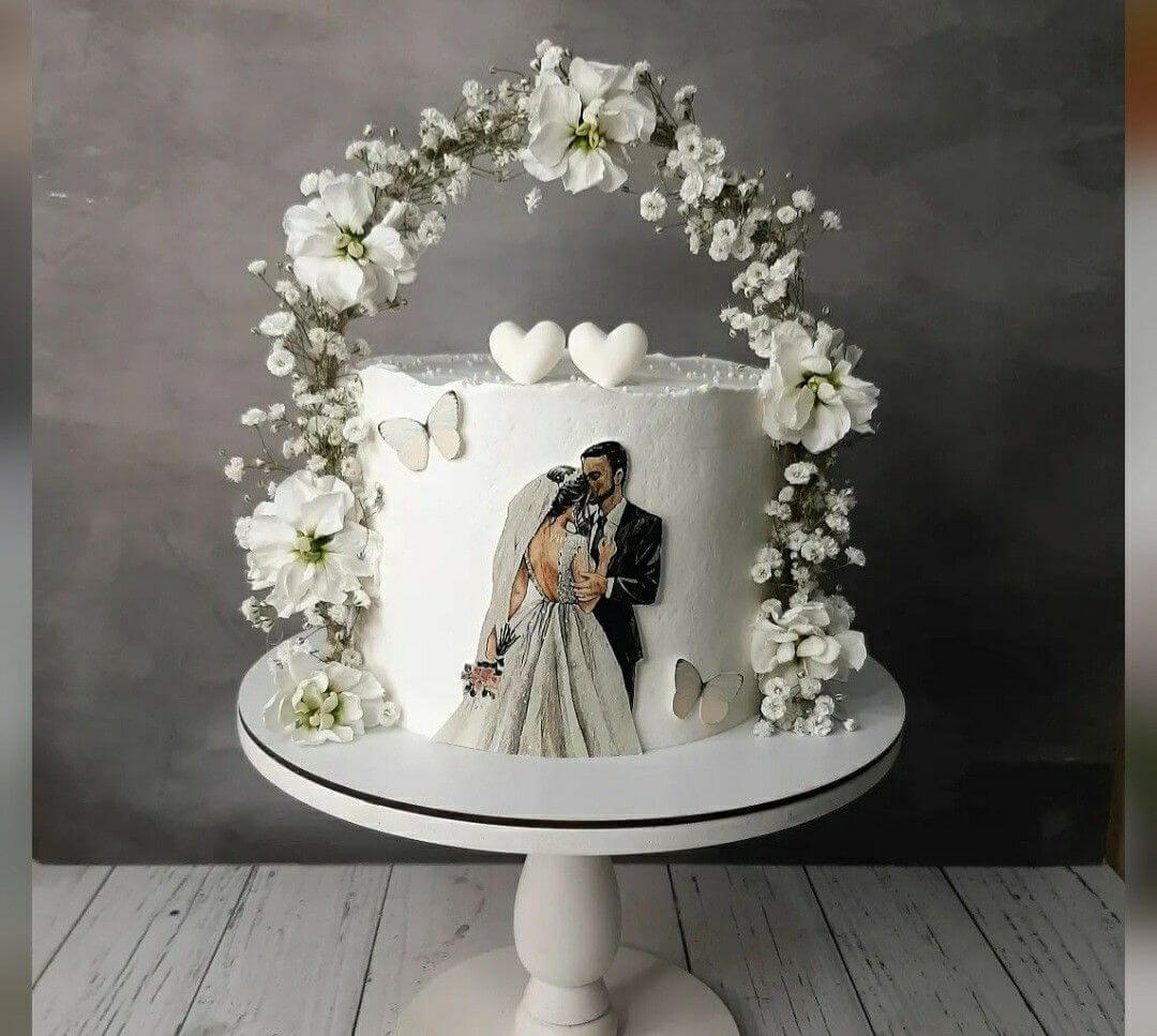 White Couple Floral Arch Cake