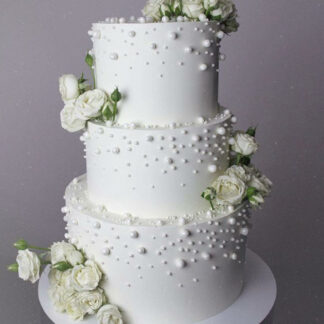 Elegant Three Tier White Pearls Floral Cake